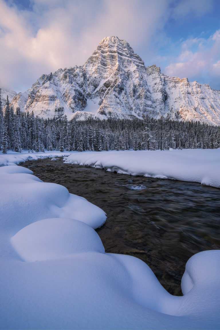 A landscape photograph of Mount Chephren in the Canadian Rockies