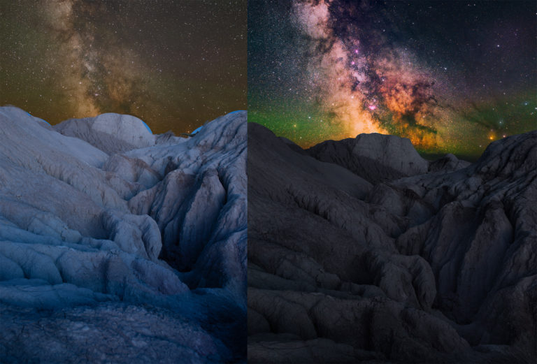 Before and After of a Photoshop tutorial for landscape astrophotography