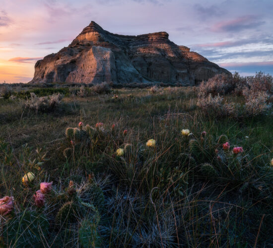 A landscape photograph of Castle Butte at sunset in Saskatchewan