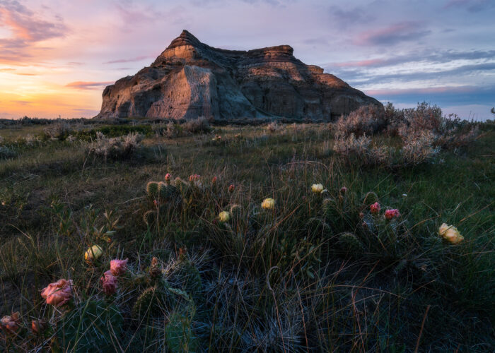 A landscape photograph of Castle Butte at sunset in Saskatchewan