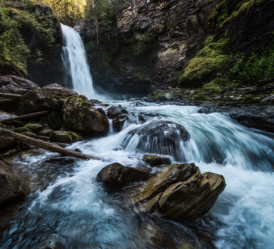 A landscape photograph of Sutherland Falls near Revelstoke British Columbia