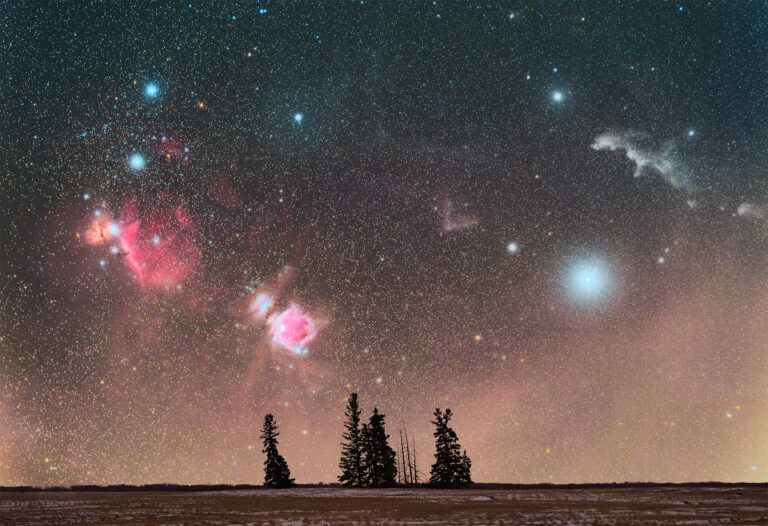 A deepscape night photograph of Orion over some trees in Sasaktchewan