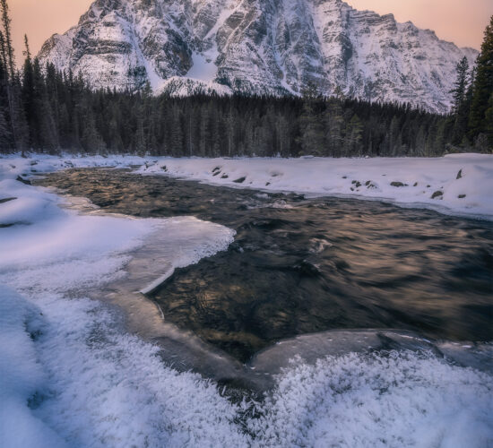 A winter photograph of the Canadian Rockies in Banff National Park of Mount Chephren in morning light at the base of Waterfowl Lakes